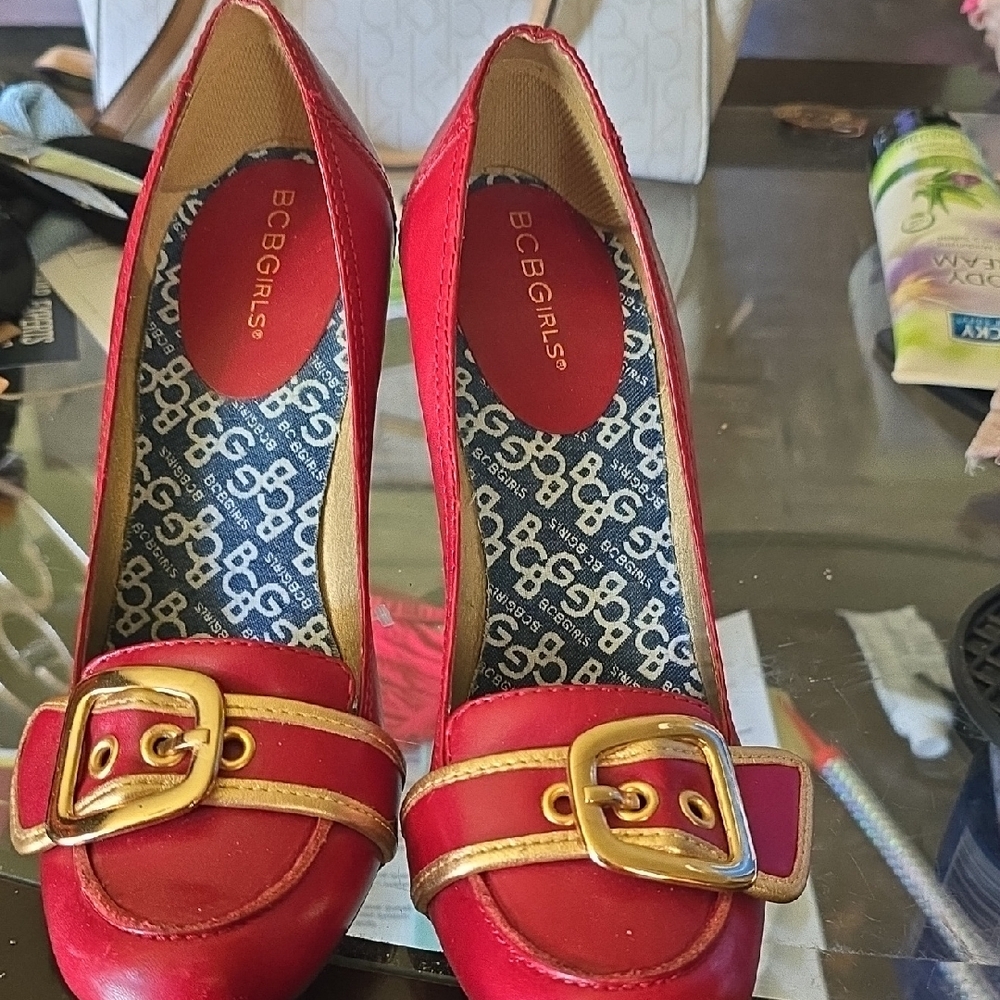BCBGirls Red Gold Buckle Heels